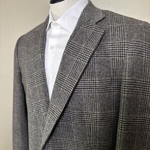 Oliver Hunt Men 42L Camel Hair Wool Sport Coat Blazer 50/50 Blend Brown Plaid